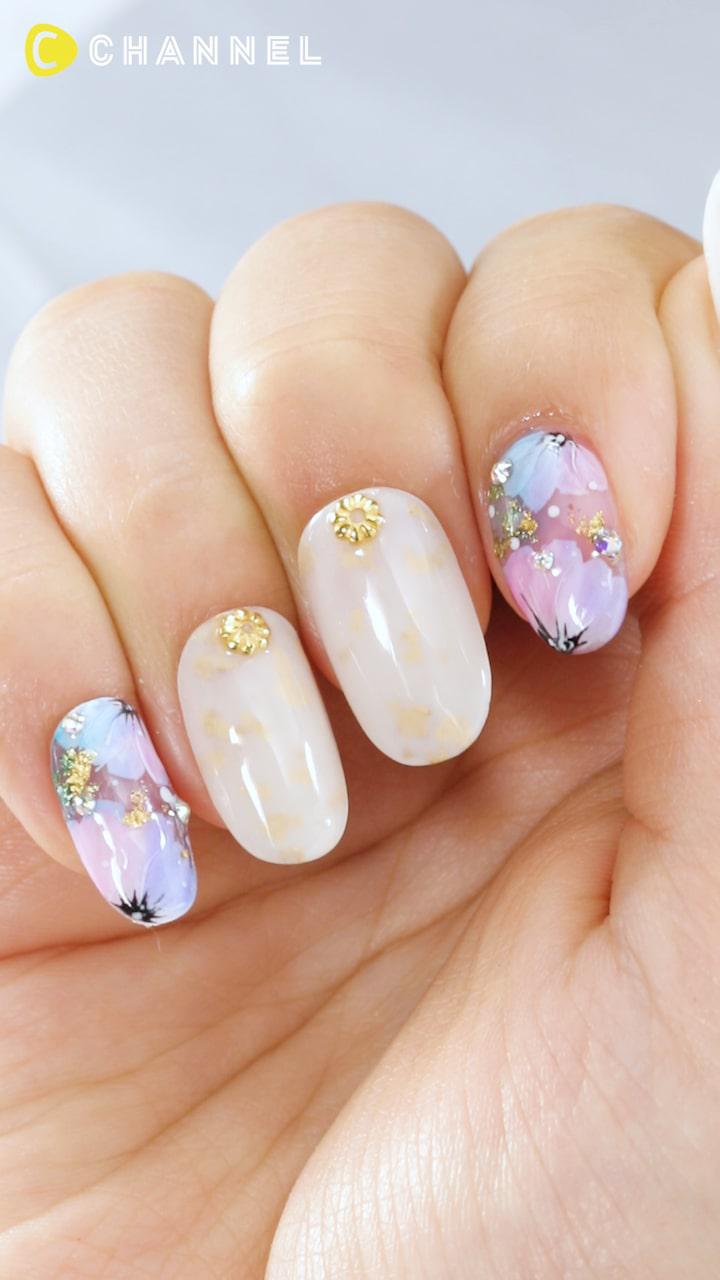 奥行き感じる♡フラワーシフォンネイル