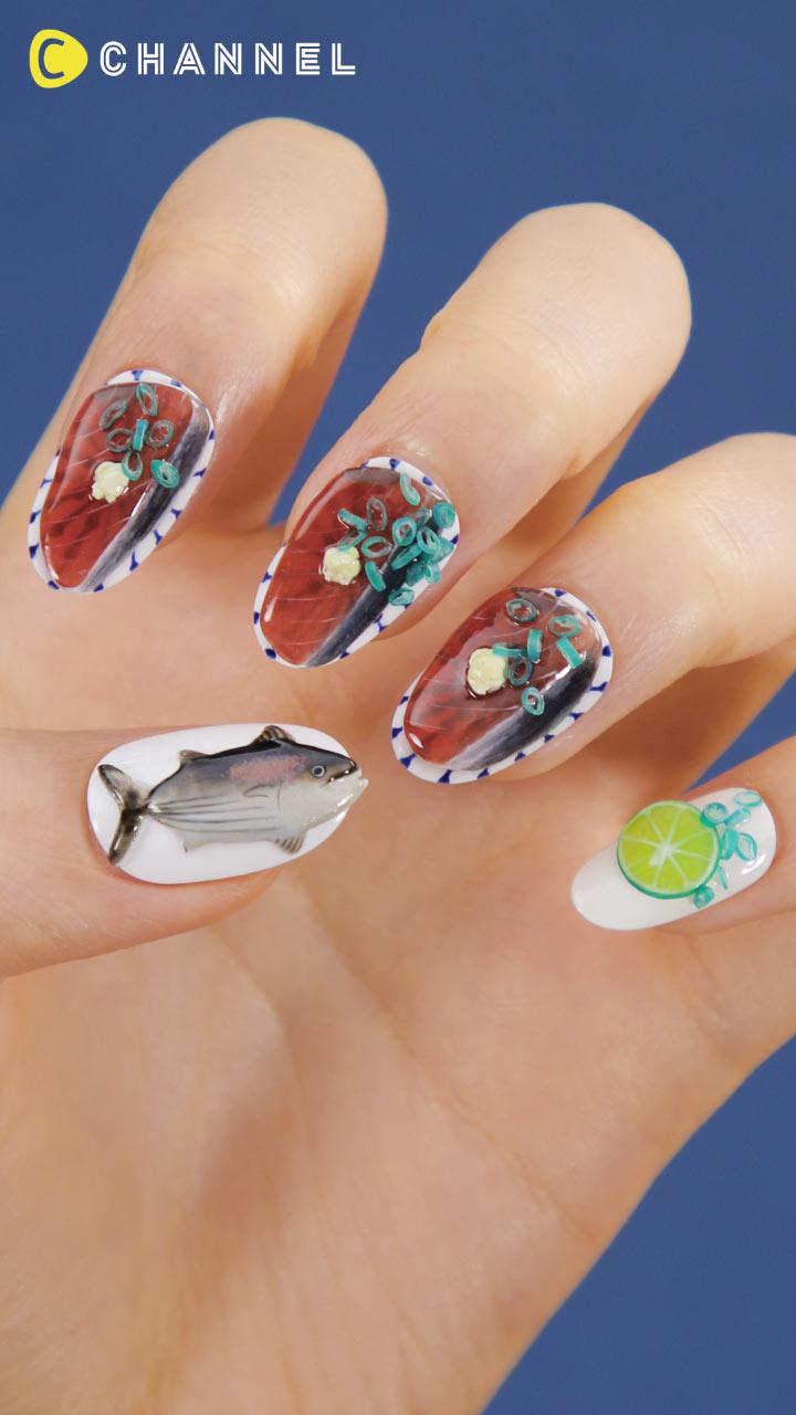 旨ネイル♡本物にしか見えない!?「カツオのたたきネイル」