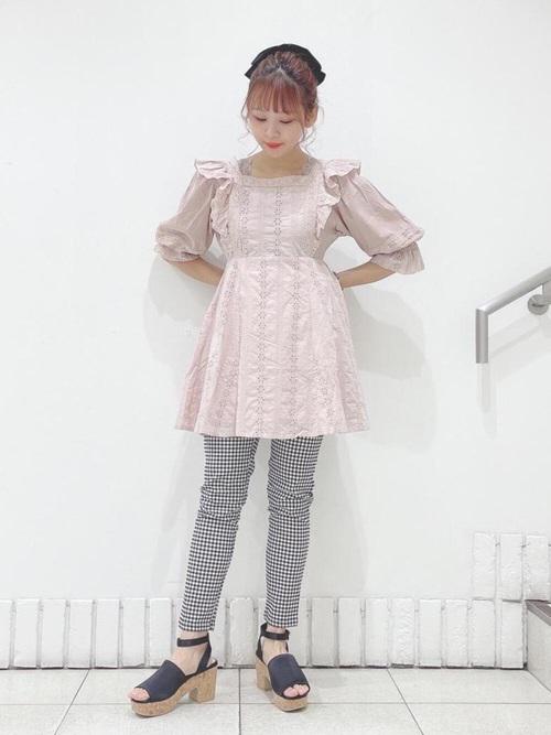 ギンガムチェックスキニー　ガーリーチュニック